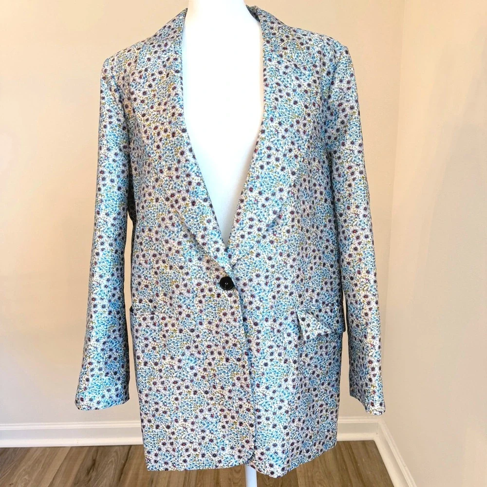 Zara Floral Blazer Womens XL Blue Ditsy Print Lightweight Spring Jacket Boho - Picture 2 of 9